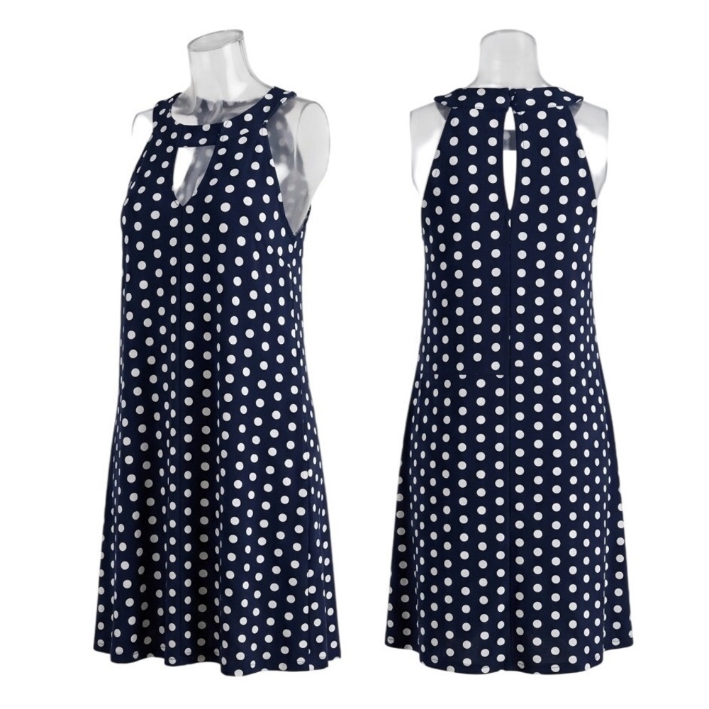Lane Bryant 14/16 Navy Blue White Polka Dot Sleeveless Keyhole Tunic Top Midi